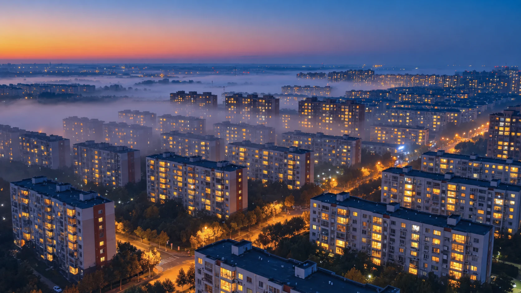 暮色中的城市住宅群